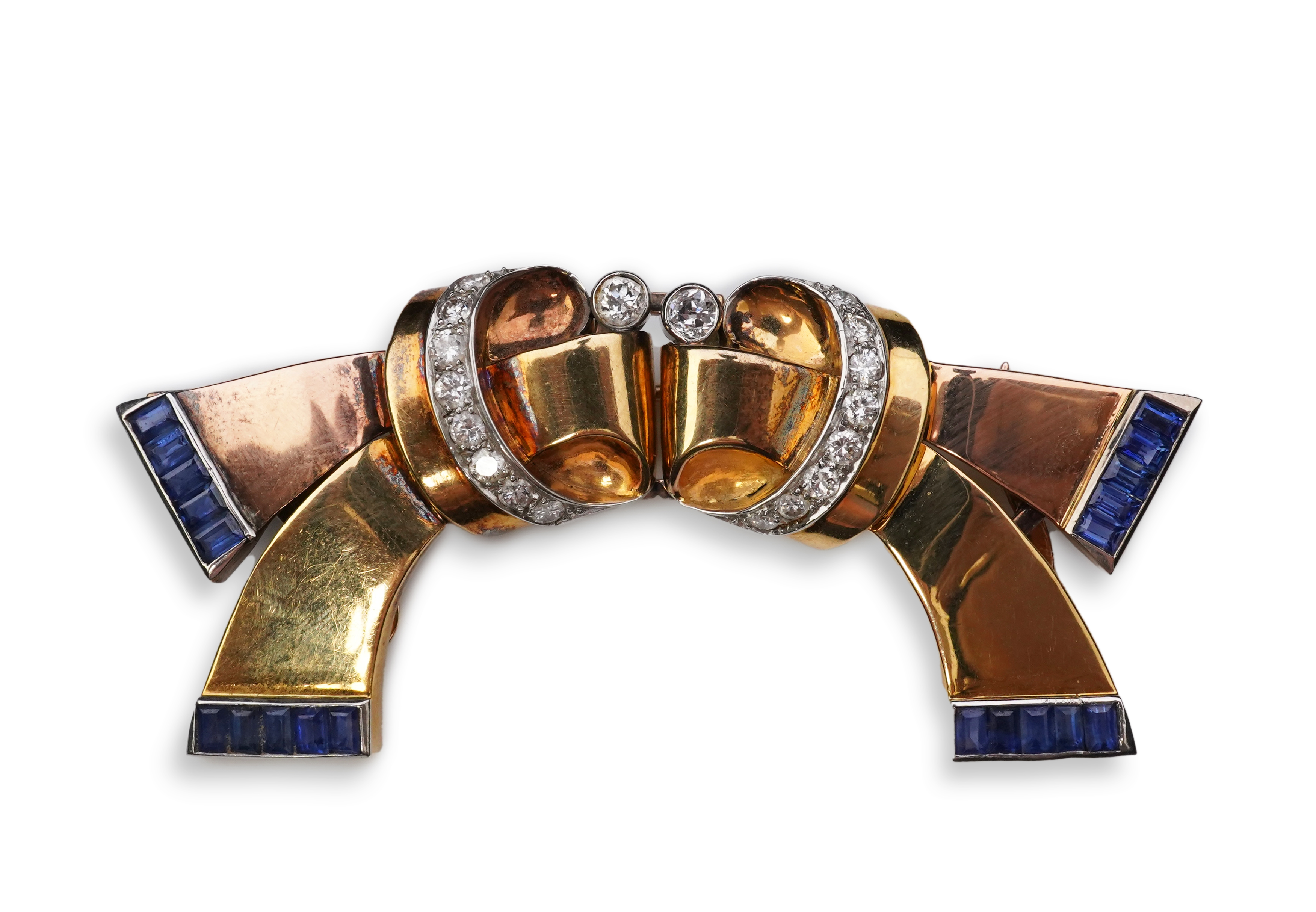 A Retro gold, sapphire and diamond double clip brooch, circa 1940